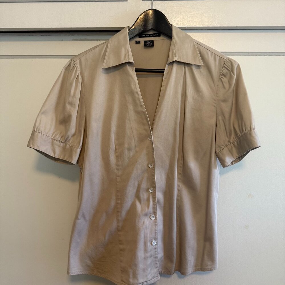 Sandra Ingrish Beige Puff-Sleeve Blouse – Size S – Cotton Blend – Soft Tailored